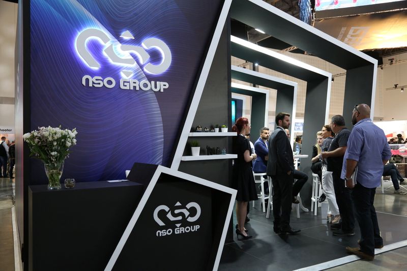 Israeli cyber firm NSO Group’s exhibition stand is seen at
