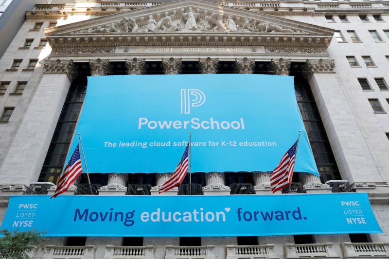 Signage for PowerSchool (NYSE:PWSC) is seen ahead of their Initial