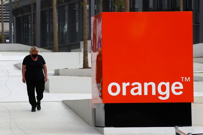 The logo of French telecom operator Orange at the headquarters