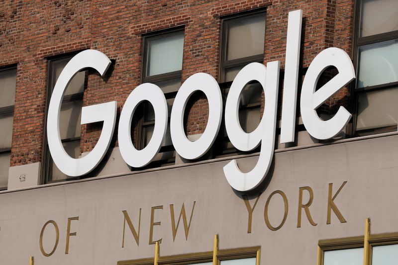 A logo is seen on the New York Google offices