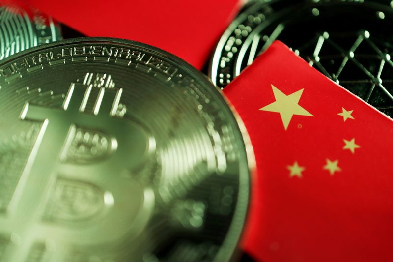 Illustration picture of China flag and cryptocurrencies