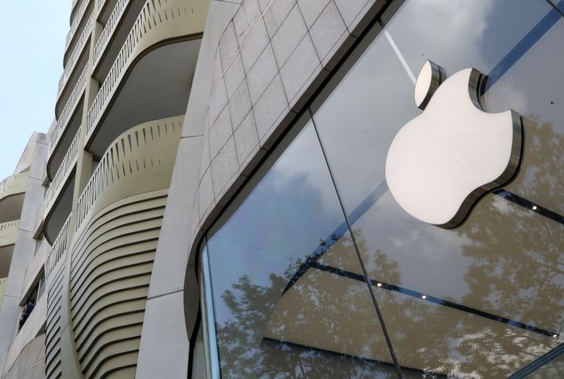 The Apple Inc logo is seen at the entrance to