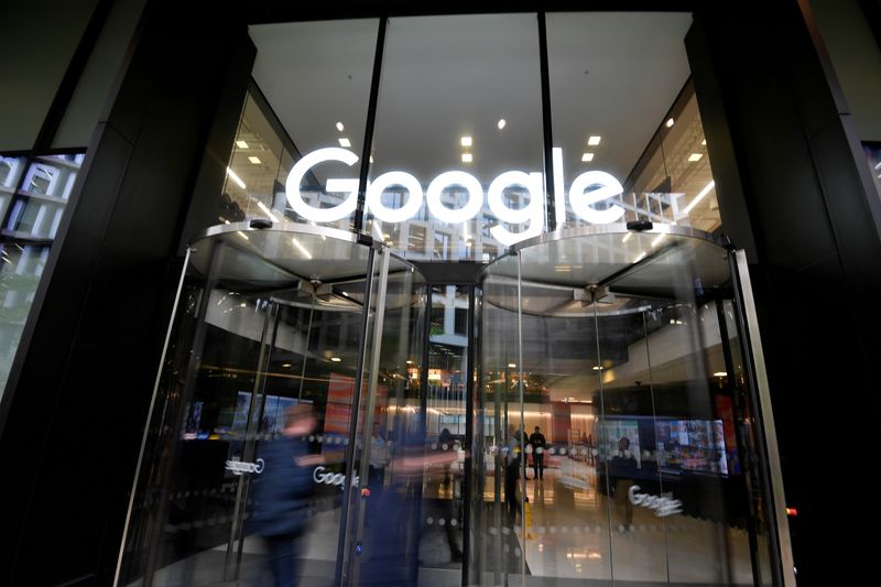 FILE PHOTO: The Google name is displayed outside the company’s