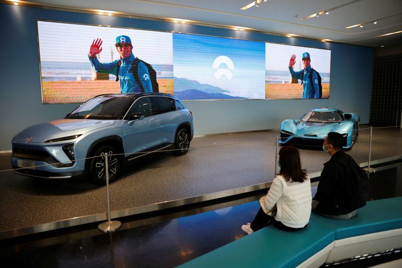 Nio electric cars are displayed at a Nio office in