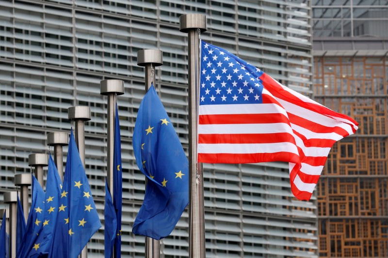 U.S. and EU flags are pictured during the visit of