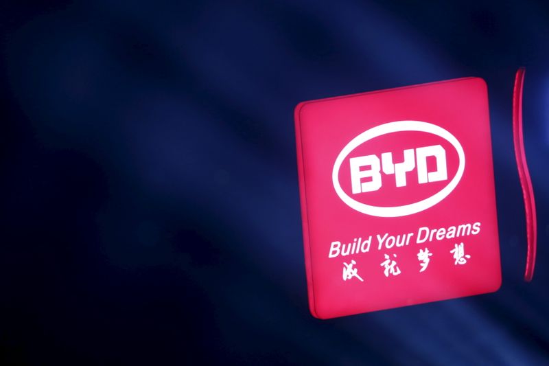 FILE PHOTO: The logo of BYD is displayed at BYD