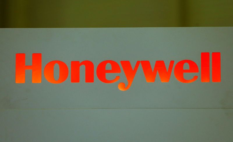 A logo of Honeywell is pictured on their booth during