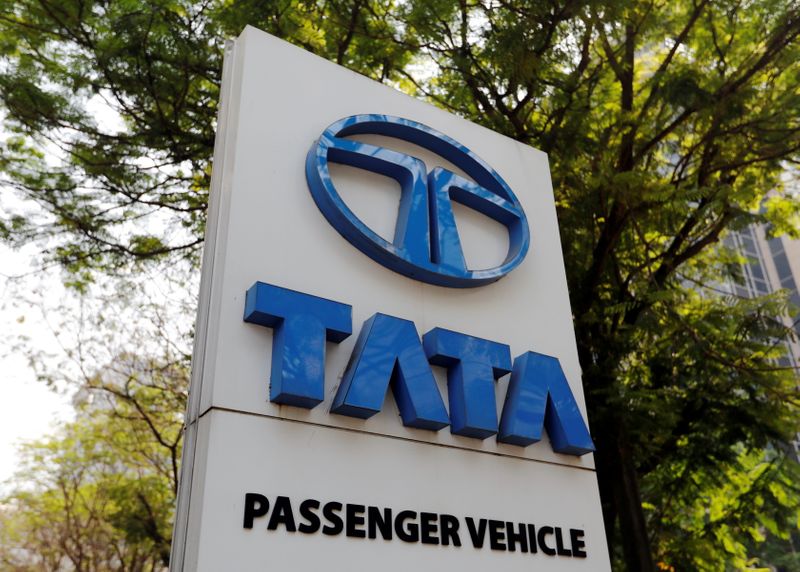 FILE PHOTO: A Tata Motors logo is pictured outside the