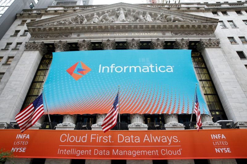 A banner celebrating the Informatica IPO on the front of
