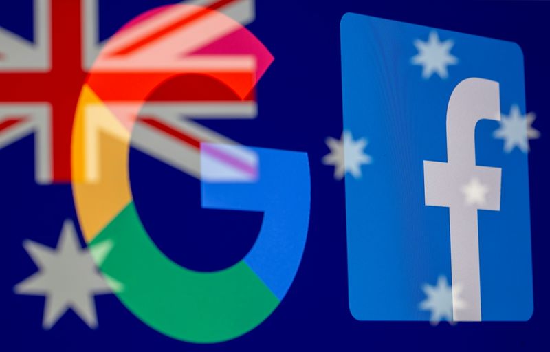 FILE PHOTO: Google and Facebook logos and Australian flag are