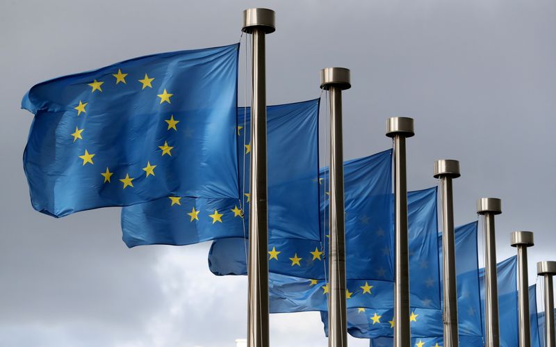 FILE PHOTO: EU flags flutter in front of the European