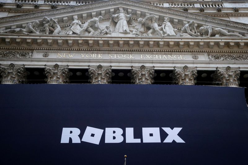 FILE PHOTO: The Roblox logo is displayed on a banner,