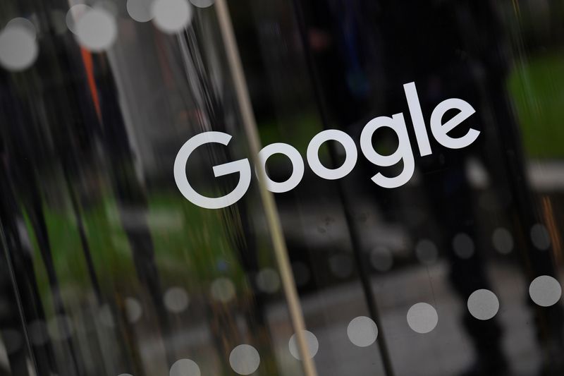FILE PHOTO: The Google name is displayed outside the company’s