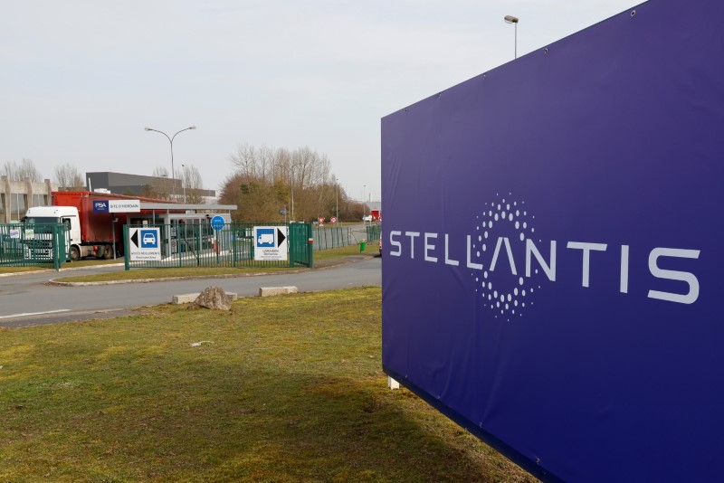 FILE PHOTO: Logo of Stellantis at the company’s factory in