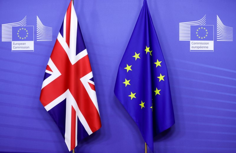 FILE PHOTO: British and European Union flags are seen ahead