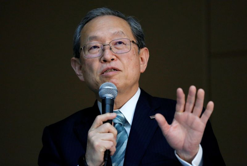 Toshiba Corp CEO Tsunakawa attends a news conference at the