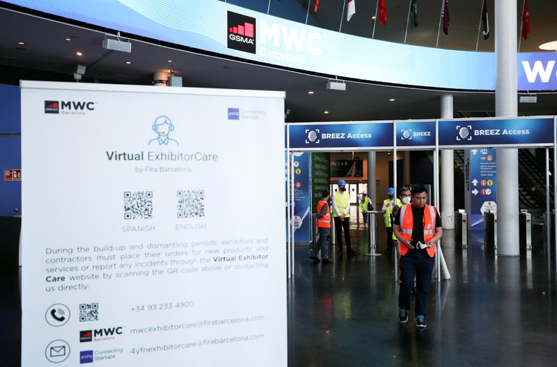 Entrance for Mobile World Congress (MWC) is pictured at Fira