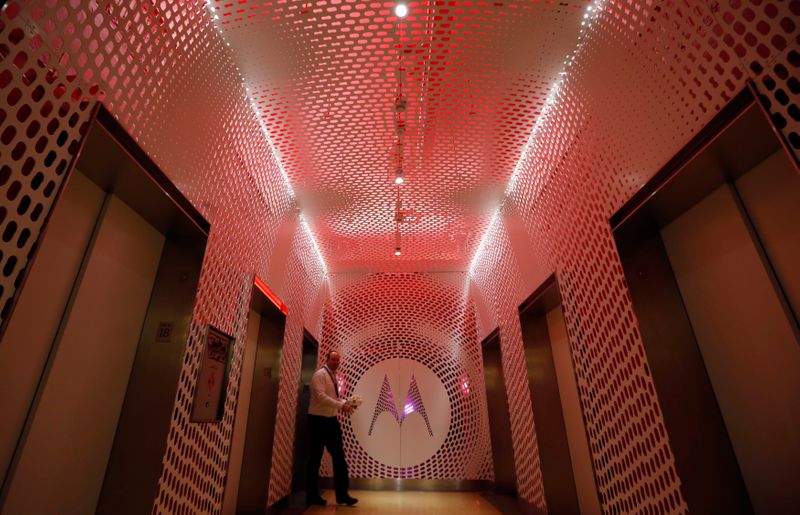 A decorated elevator lobby is seen at Motorola Mobility global