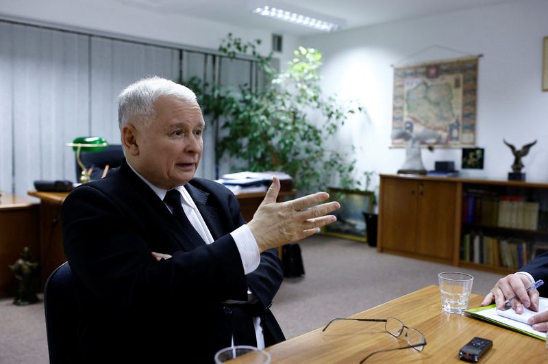 Leader of Law and Justice party Kaczynski speaks during an