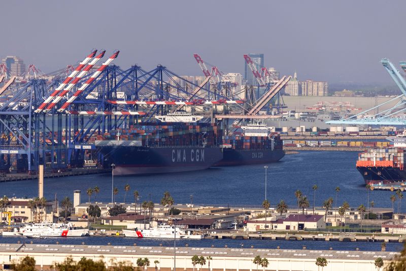 The congested Port of Los Angeles is shown in San