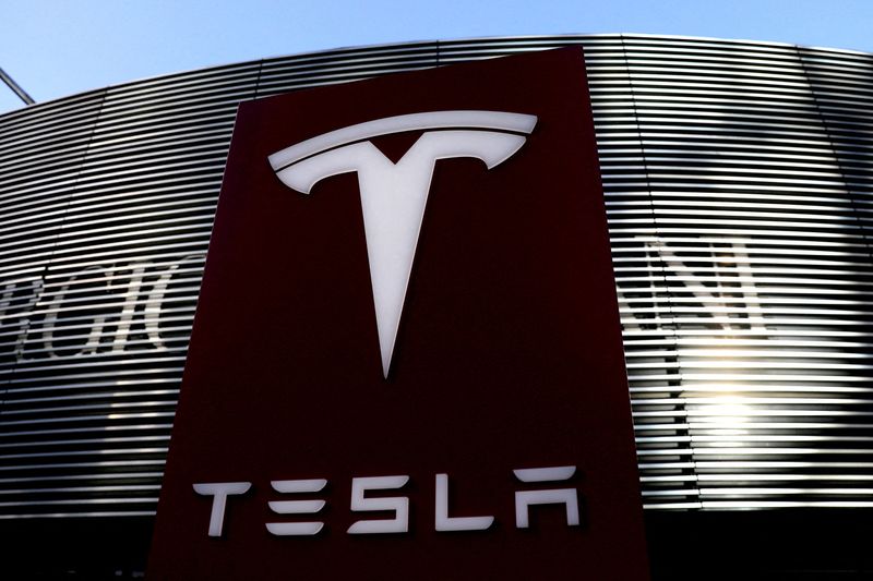 FILE PHOTO: Logo of the electric-vehicle maker Tesla is seen