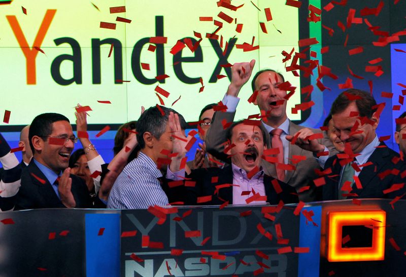 FILE PHOTO: Yandex founder and CEO Arkady Volozh celebrates Yandex