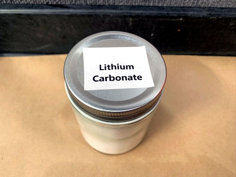 FILE PHOTO: Jar of lithium carbonate produced by Rio Tinto