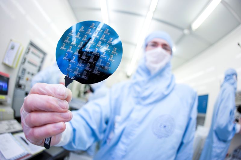 FILE PHOTO: A scientist presents a silicon wafer during a