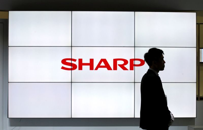 Logo of Sharp Corp is pictured at CEATEC JAPAN 2016