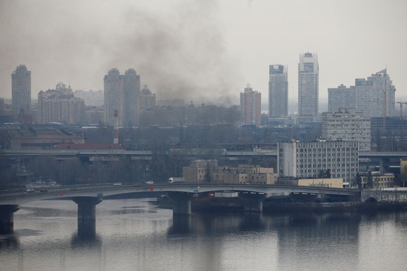 Smoke rises from the territory of the Ukrainian Defence Ministry’s