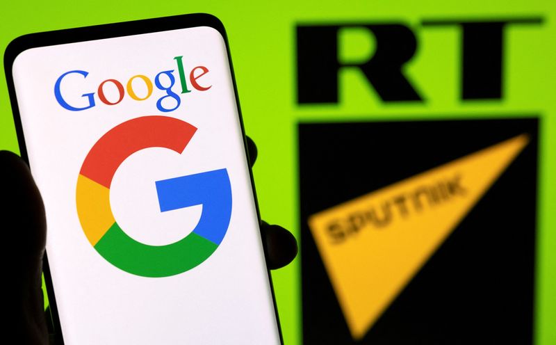 Illustration shows Google logo, RT and Sputnik app