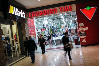 People walk out of a Canadian Tire Store that is