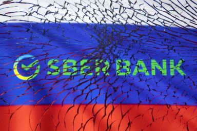 FILE PHOTO: Illustration shows Sberbank logo and Russian flag through