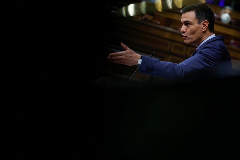 Spanish PM Sanchez speaks during a session at Parliament in