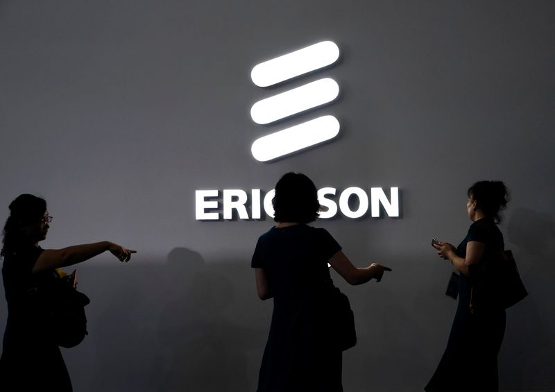 An Ericsson logo is pictured at Mobile World Congress (MWC)