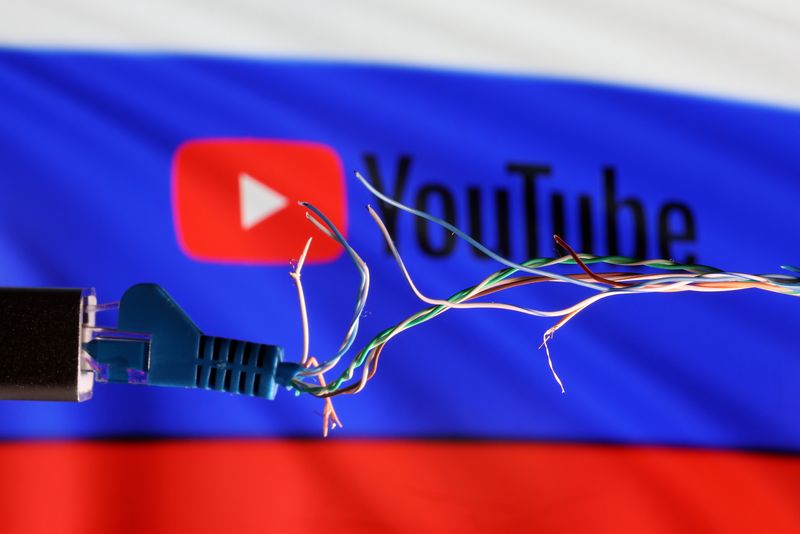 Illustration shows Broken Ethernet cable, Russian flag and Youtube logo