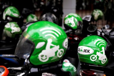 FILE PHOTO: Gojek driver helmets are seen during Go-Food festival