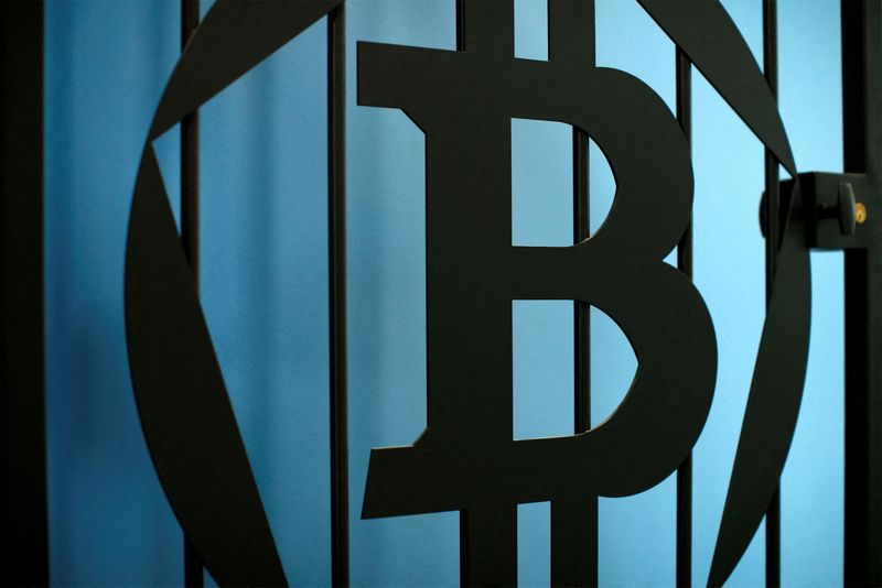 FILE PHOTO: The bitcoin logo is pictured on a door