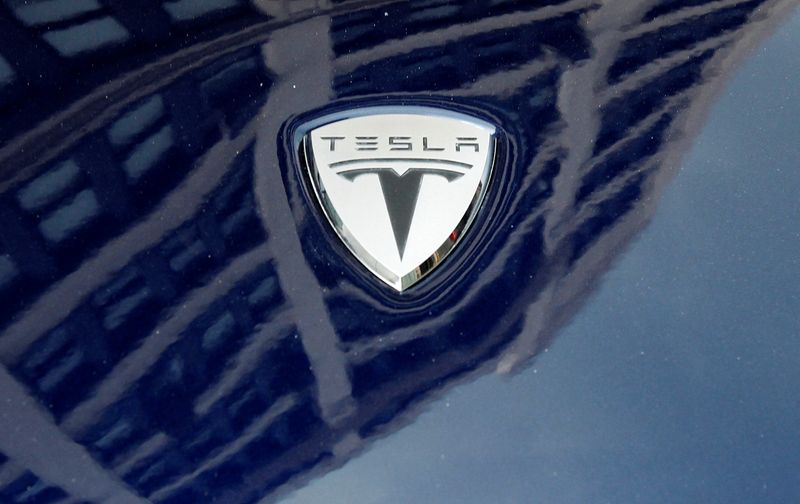 A logo of Tesla Motors on an electric car model