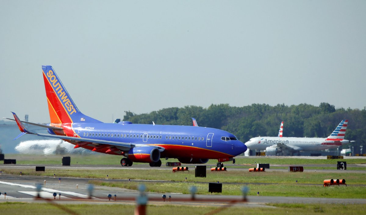 A Southwest Airlines jet taxis on the runway at Washington