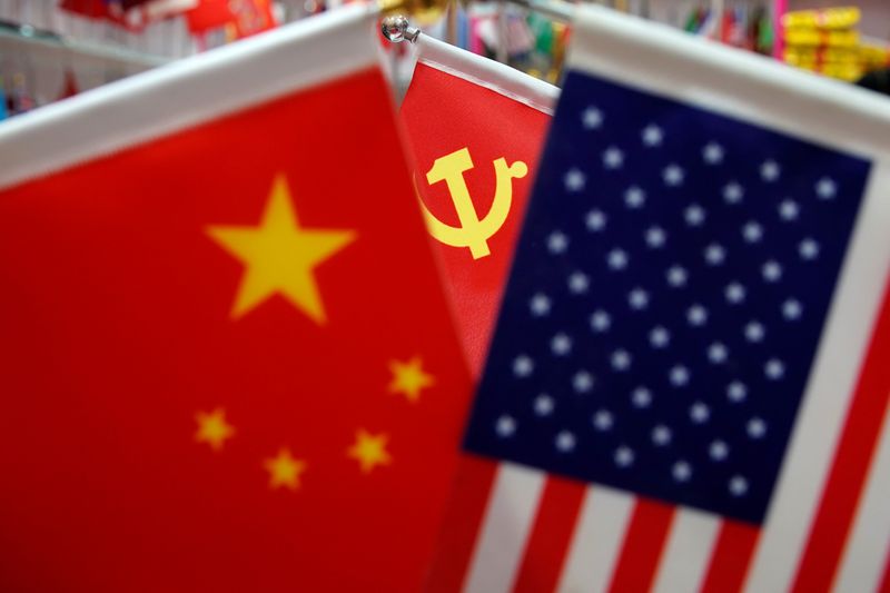 The flags of China, U.S. and the Chinese Communist Party