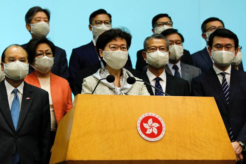 FILE PHOTO: Hong Kong Chief Executive Carrie Lam, wearing a