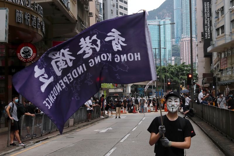 Anti-government protester holds a flag supporting Hong Kong independence