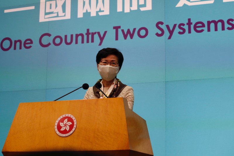 Hong Kong Chief Executive Carrie Lam, wearing a mask due