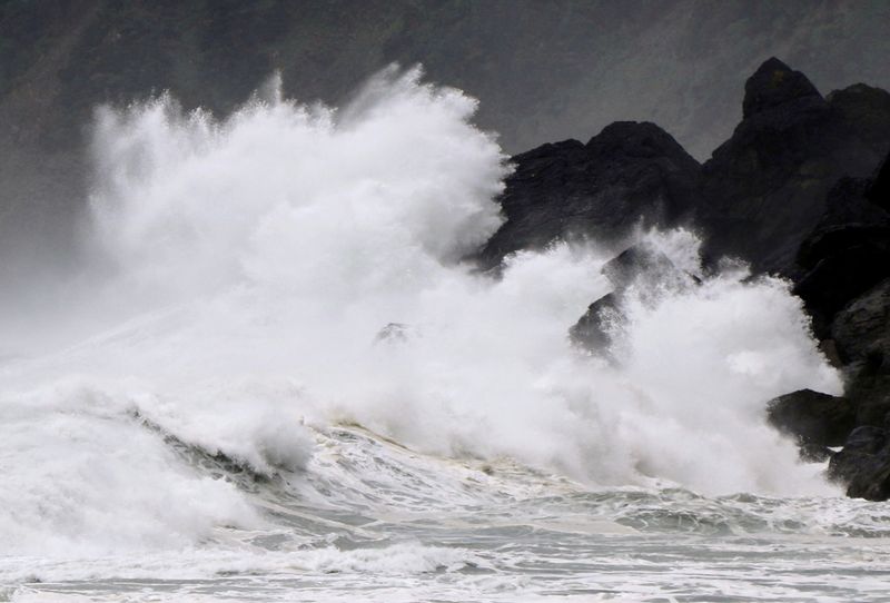 High waves triggered by Typhoon Haishen crash against the coast