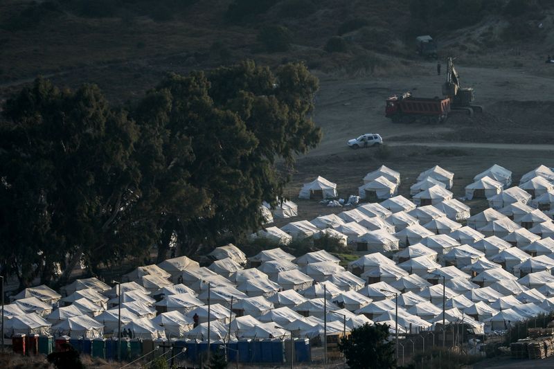 View of a temporary camp where refugees and migrants from