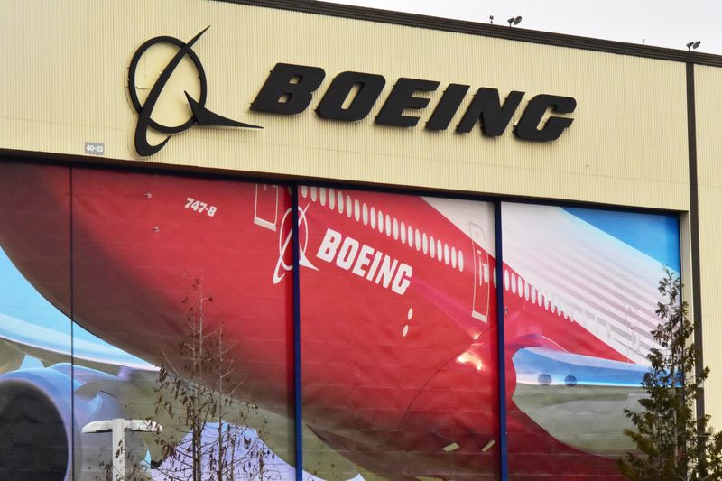 Boeing Co’s logo is seen above the front doors of