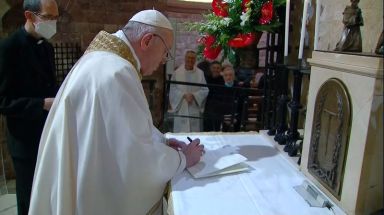 Pope Francis signs his latest encyclical in Assisi