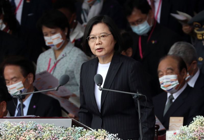 Taiwan President Tsai Ing-wen delivers a speech during National Day