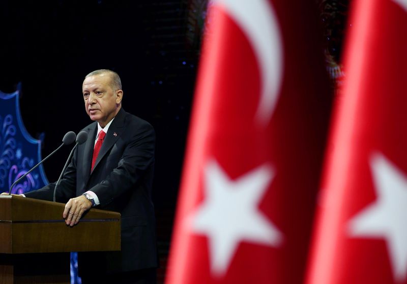 Turkish President Erdogan makes a speech during a meeting in